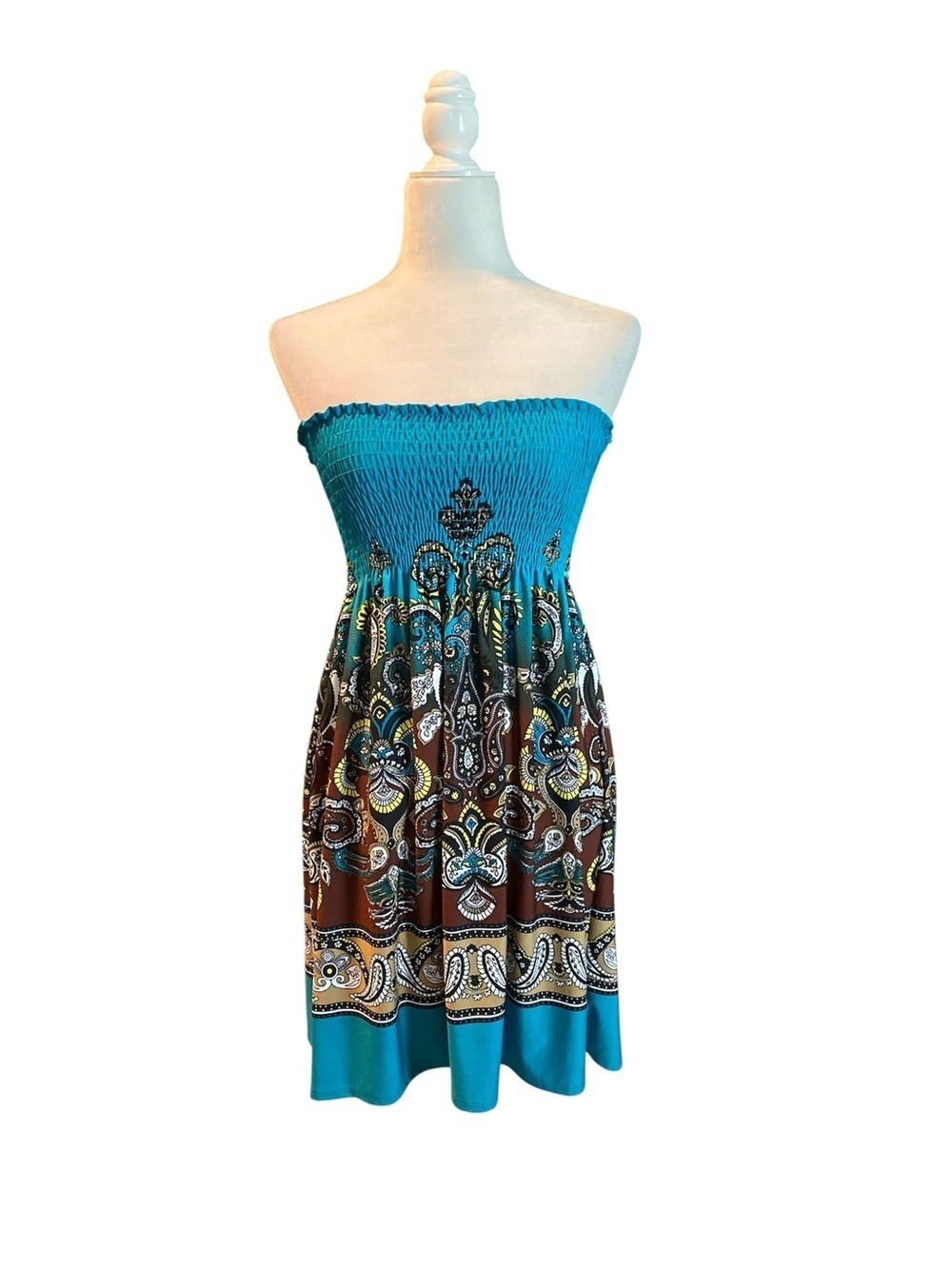 Y2K Strapless emerald green Paisley Smocked Sundress mini